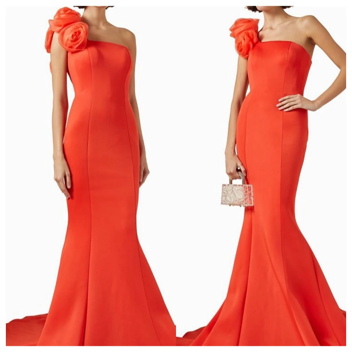 Aangepaste moderne oranje jersey avondjurk één schouder mouwloos op maat gemaakte gelegenheidsjurken bloemen hoge kwaliteit rits terug