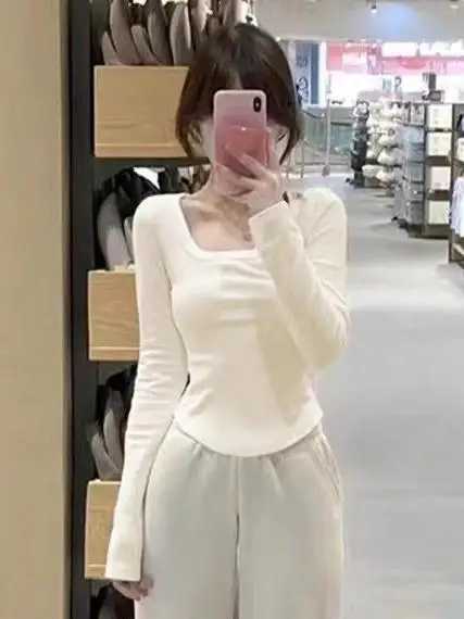 Fleece Lined Long Sleeve T-Shirt Women's Short U-Neck Slim Fit Warmth Enhancement Base Layer Shirt Sweet Style Polyester Blend