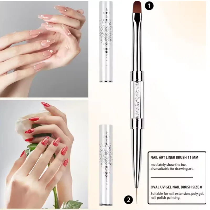 Pro Dual-Ended Builder Gel Nail Brush w/Rhinestone Handle - For French Tip, Polish Gel Liner, Manicure Tools