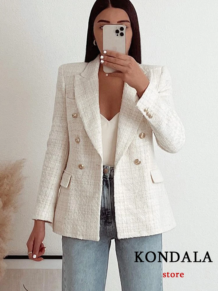 KONDALA Office Lady Women Jackets Double Breasted Tweed Blazer Coats Fashion 2022 Autumn Winter Coats Female Outwear Chic Tops