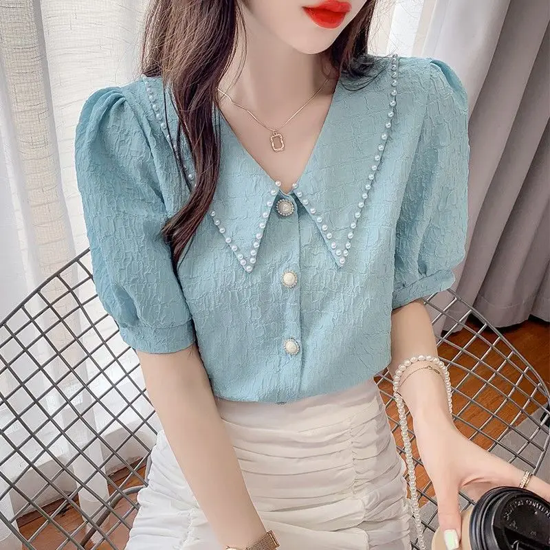 Sweet Peter Pan Collar Puff Sleeve Button Oversized Beading Blouse Summer Casual Tops Elegant Female Clothing Commute Shirt