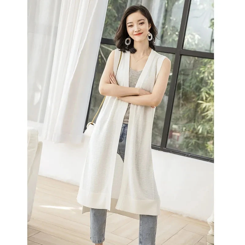 Waistcoat Cardigan Female Mid-length Summer New Loose Plus Size Women\'s Thin Ice Silk Knit Vest Coat Sleeveless Wild Fashion