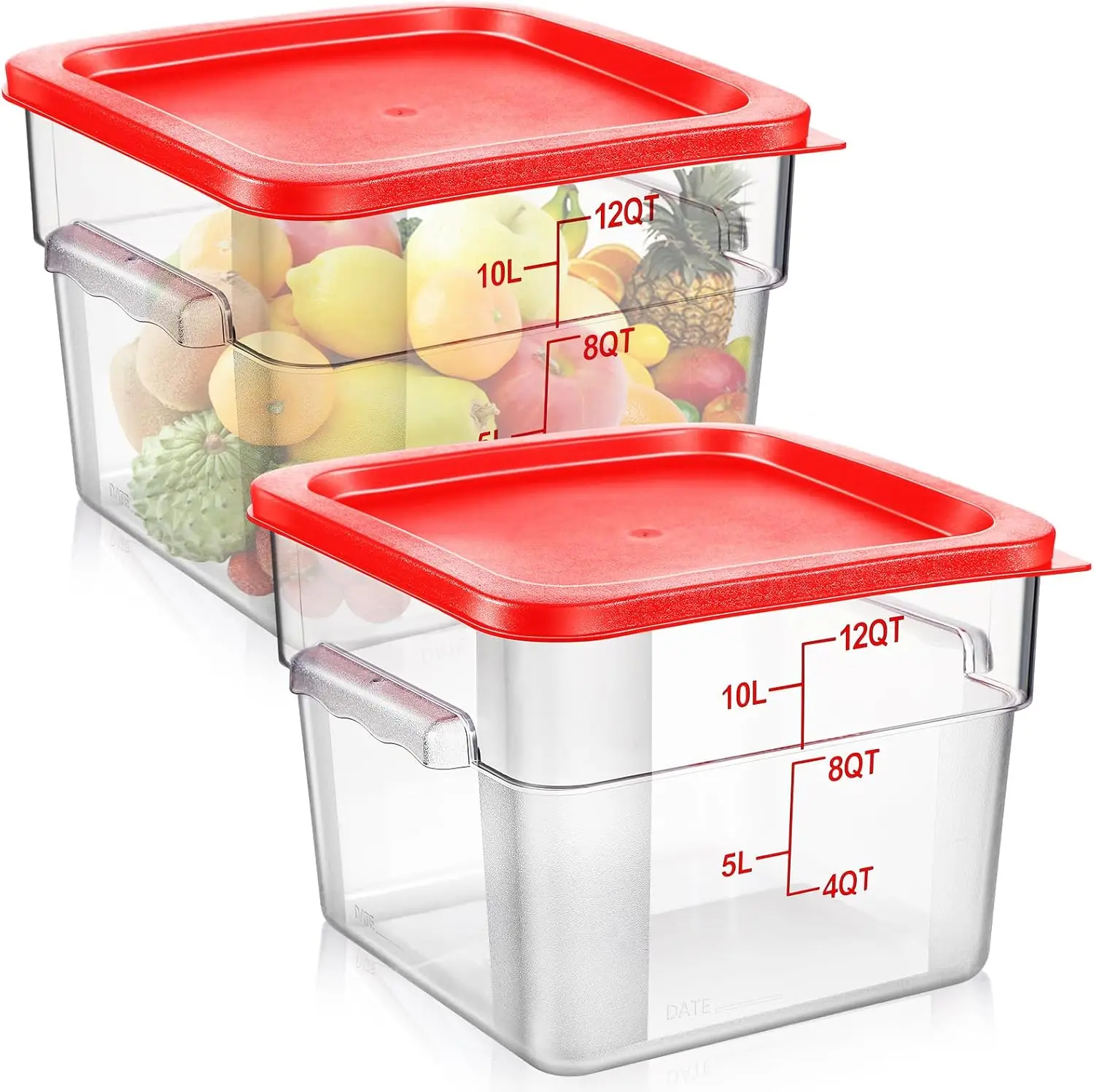 

2-Piece Square Food Storage Containers with Lids, Clear Polycarbonate, 12 Qt Capacity, Red Graduations for Commercial Kitchen