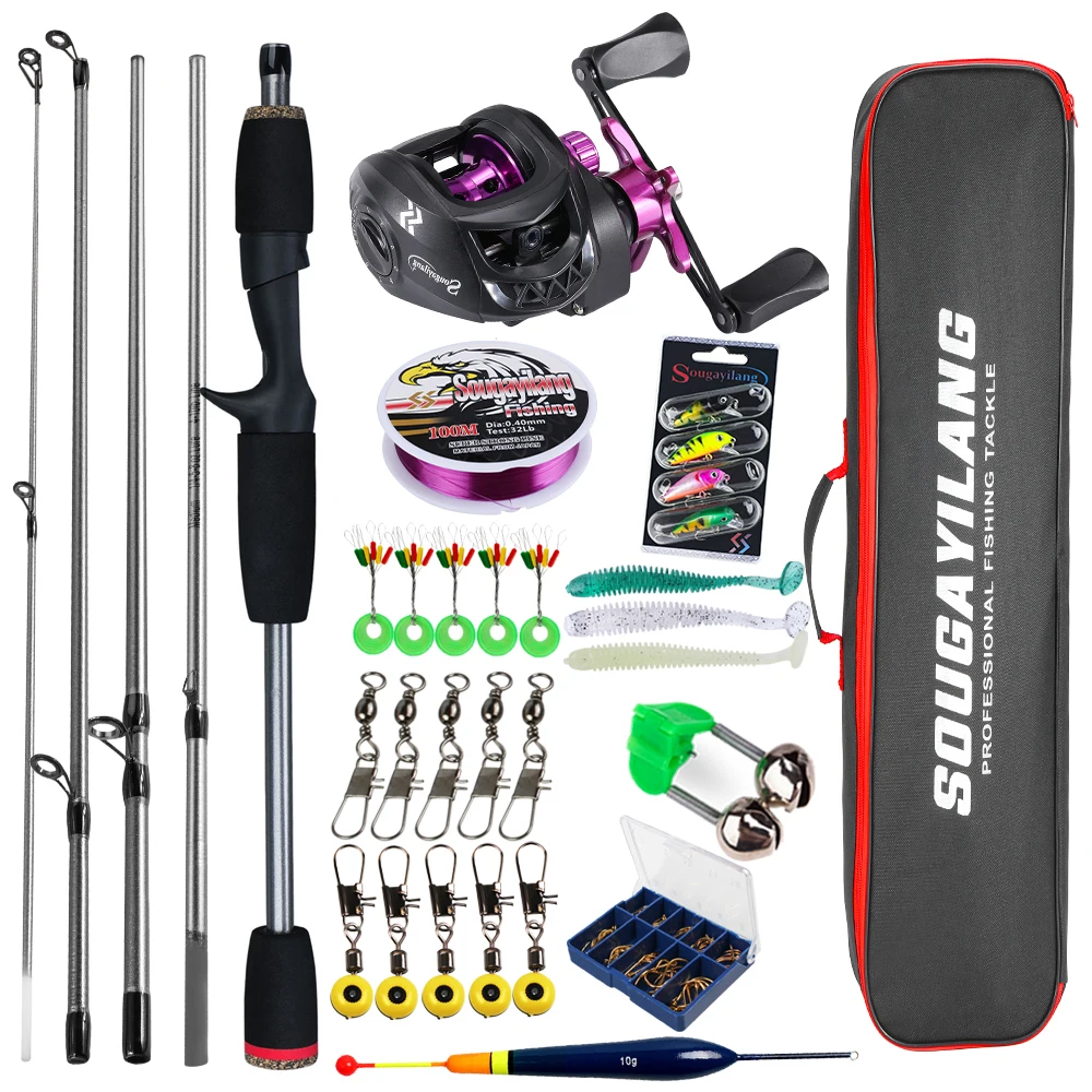 Sougayilang Baitcasting-Angelrute und Rolle, komplettes Kit, 5-teilige Angelrute und Aluminium-Spulenrolle für Süßwasser-Barsch-Angelset 6