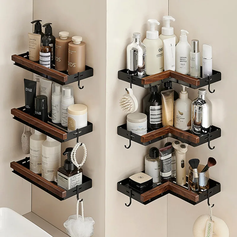 

Black walnut bathroom storage rack storage rack perforated washbasin wall mounted tripod bathroom accessories corner shelf