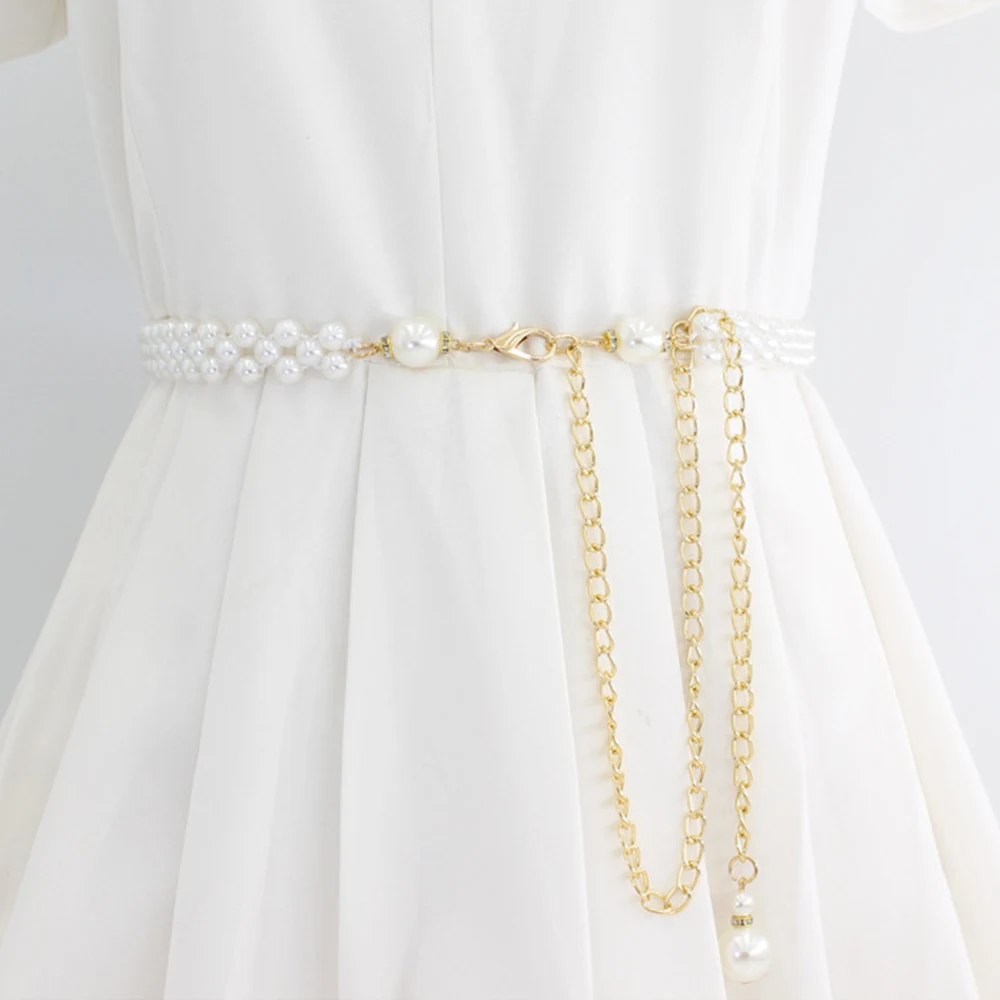 

Lady Thin Gold Metal Waist Straps Women Elegant Pearl Chain Belt Girls Sweet Korean Dress Decorative Waistbands Accessories