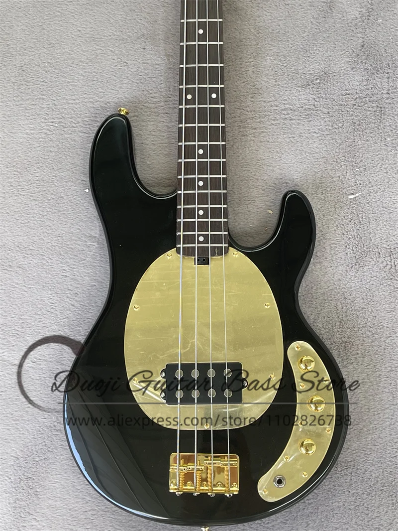 Black electric bass 4-string Basswood Body Gold Fixed bridge Gold mirror guard Rosewood fingerboard Maple neck support custom