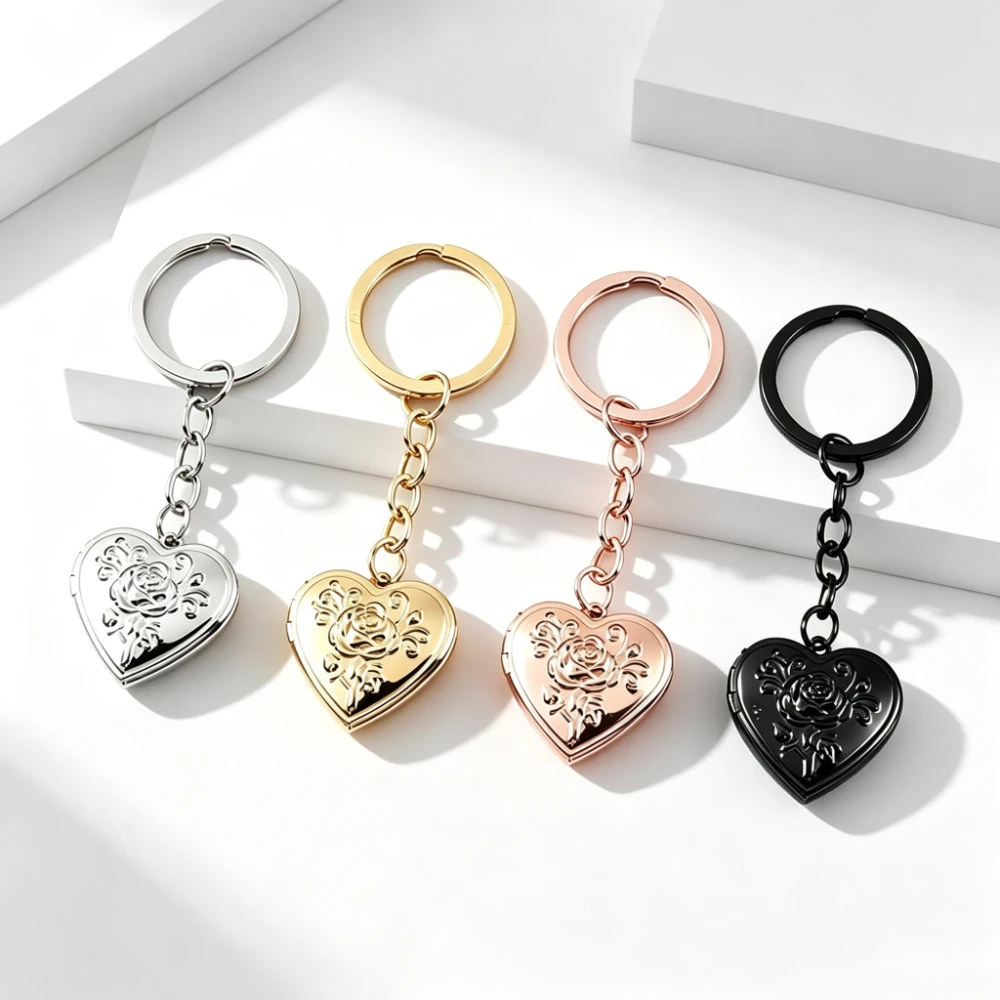 Rose Heart-shaped Stainless Steel Keychain Photo Box with Mirror Finish Suitable for Holding Photos Metal Keychain Friend Gift