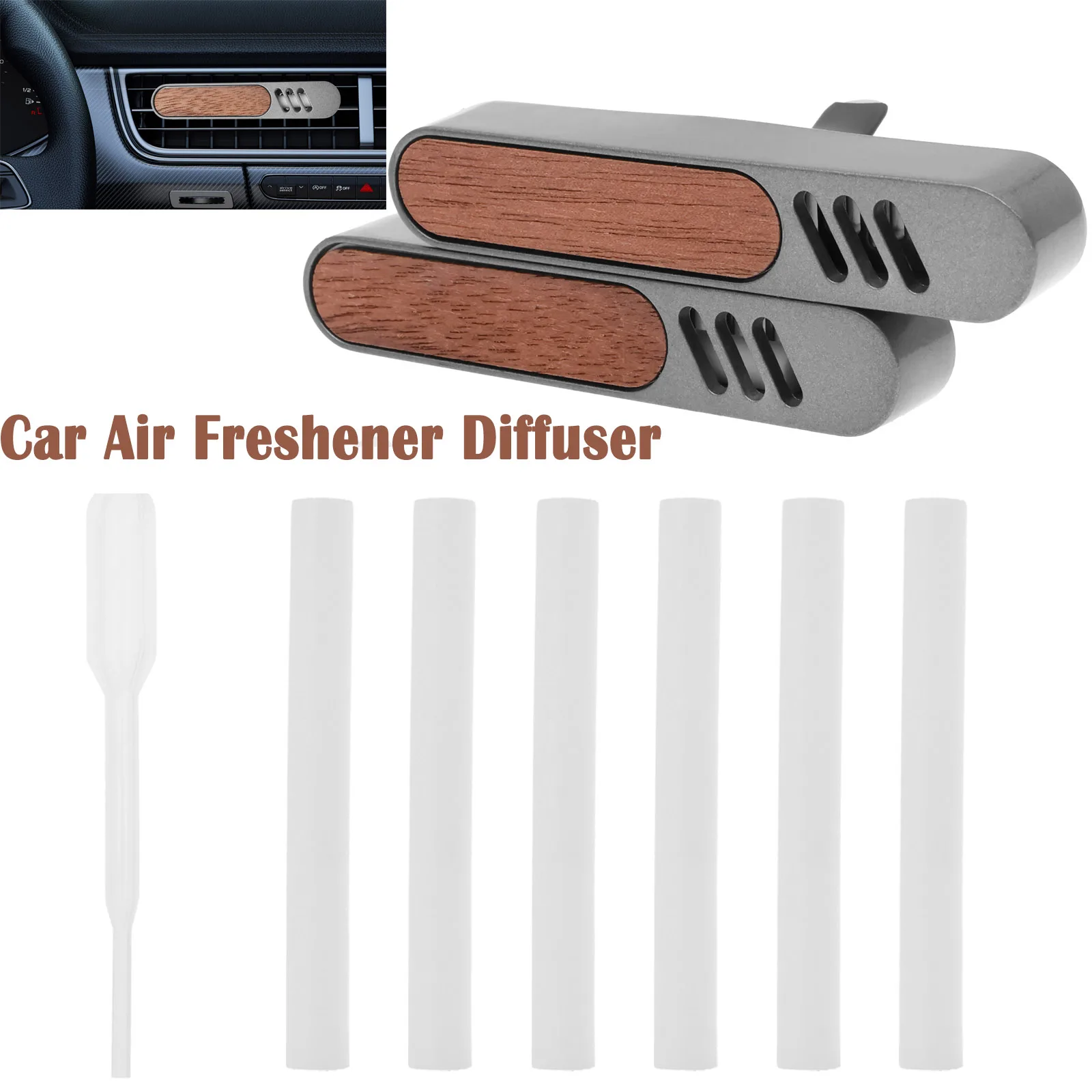 

Деревянные автомобильные вентиляционные зажимы для освежителя воздуха. Металлический дизайн. Вентиляционный зажим для диффузора эфирного масла с 6 палочками без запаха и 1 капельницей.