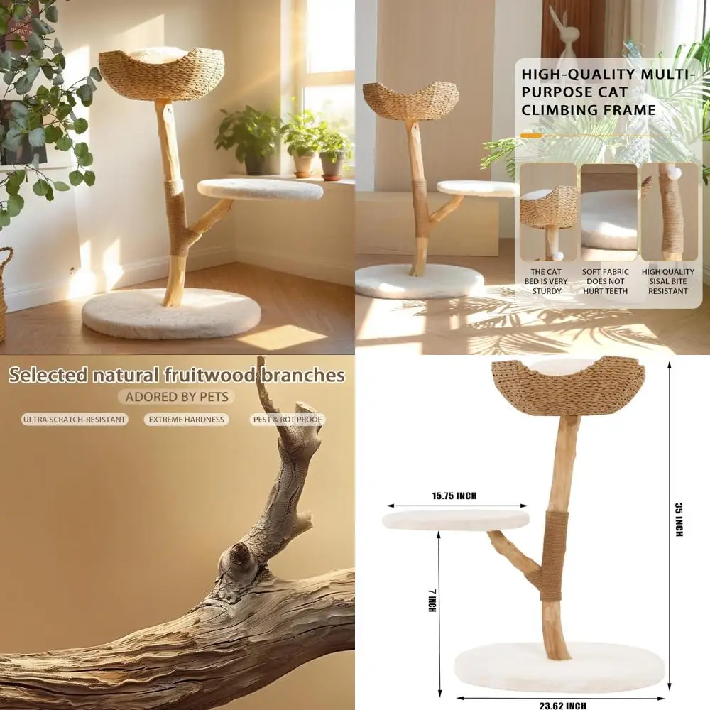 

Elegant Indoor Cat Tree: Natural Pear Wood Cat Tower with Scratching Post and Swinging Toy