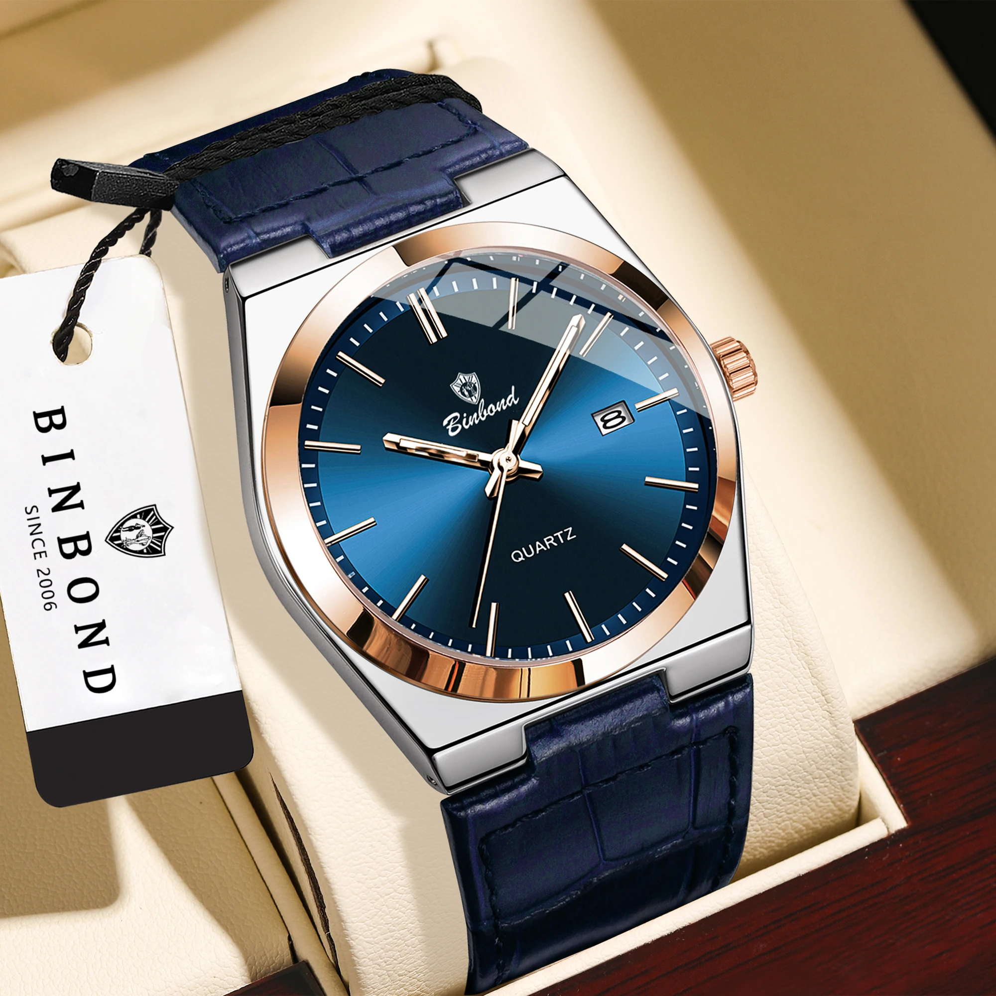 BINBOND Original Leather Luxury Quartz Wristwatches For Men Luminous Waterproof Auto Date Men's Watch Sport Casual Reloj
