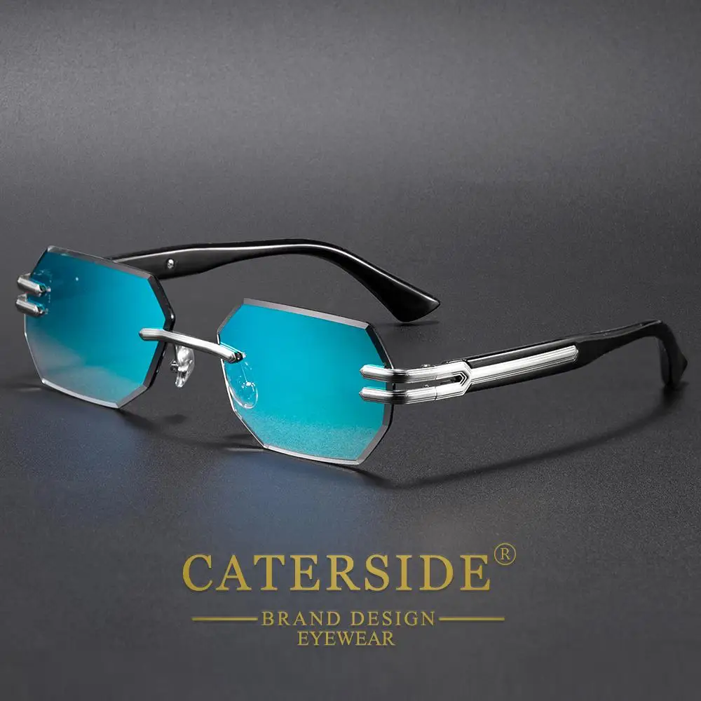 CATERSIDE Neue rahmenlose Sonnenbrille für Herren, modische polygonale Spiegellinsen mit Farbverlauf, Metallrahmen, Damen-Party-Sonnenbrille für den Außenbereich – Detail 4