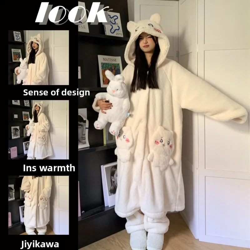 chiikawa-women-robe-autumn-winter-thick-coral-fleece-kawaii-cartoon-sleepwear-wearable-outside-loungewear-for-girls