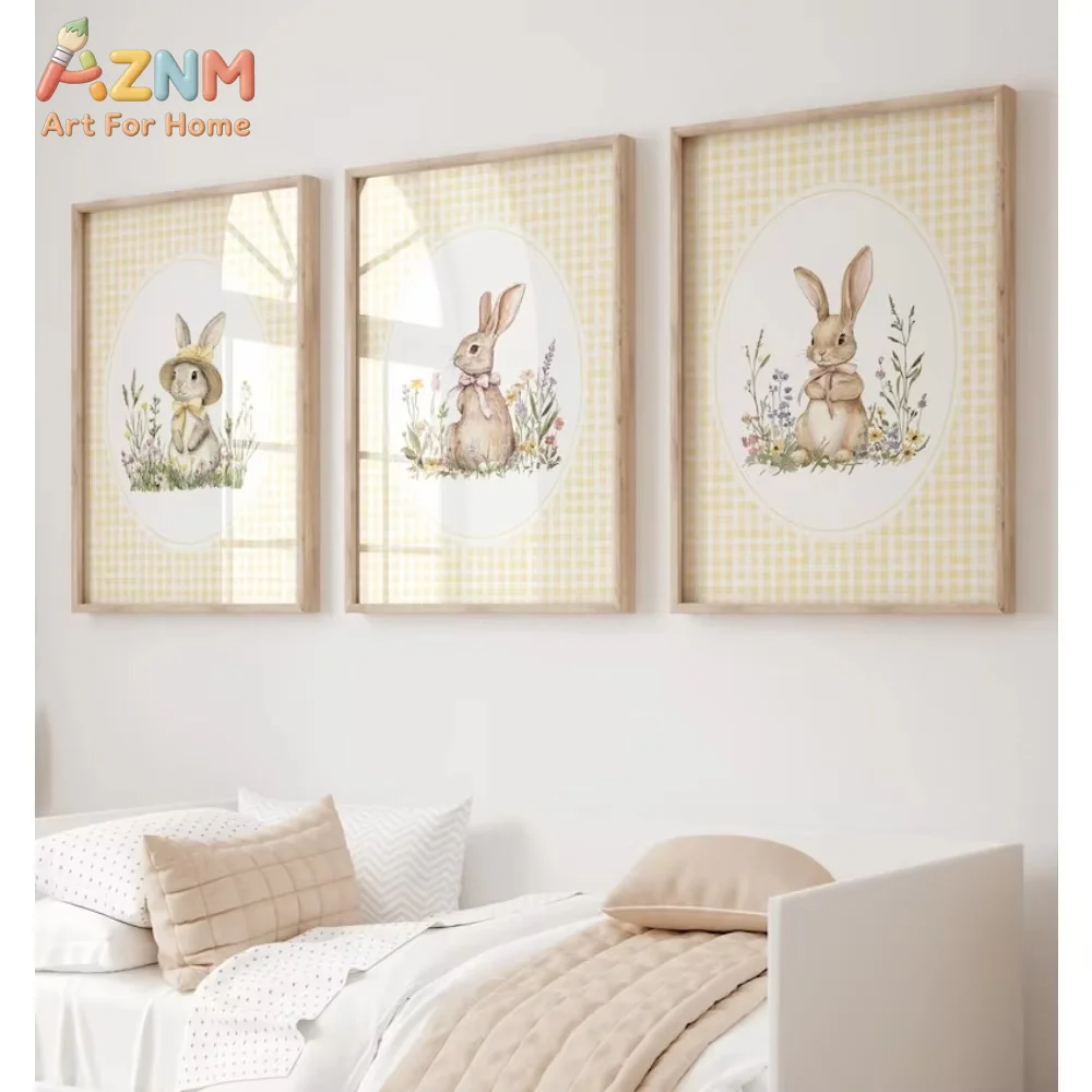 AZNM Watercolor Bunny Wildflower Canvas Wall Art Frameless Print, Yellow Gingham Check Rabbit Poster, Nursery Girls Bedroom Deco