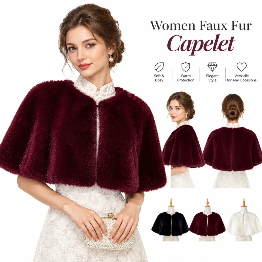 Elegant Solid Color Faux Fur Capelet Winter Warm Faux Fur Texture Shoulder Wrap Shoulder Cover Shrug For Women