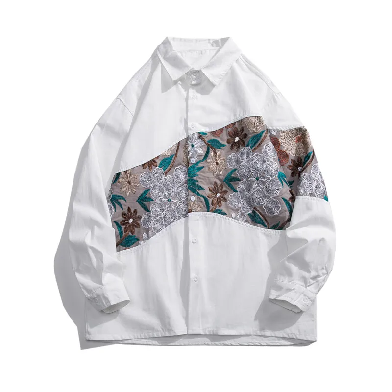 2025 Spring Men Flowers Shirt Men Splicing Long Sleeved Shirt Unisex Tops Students Stylish Black Blouse Male Embroidery Shirts