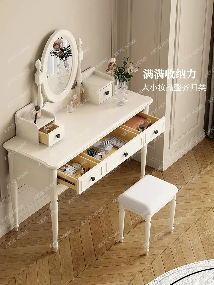 A American-Style Solid Wood White Dressing Table Simple Bedroom Multi-Functional Makeup Table Mirror Integrated