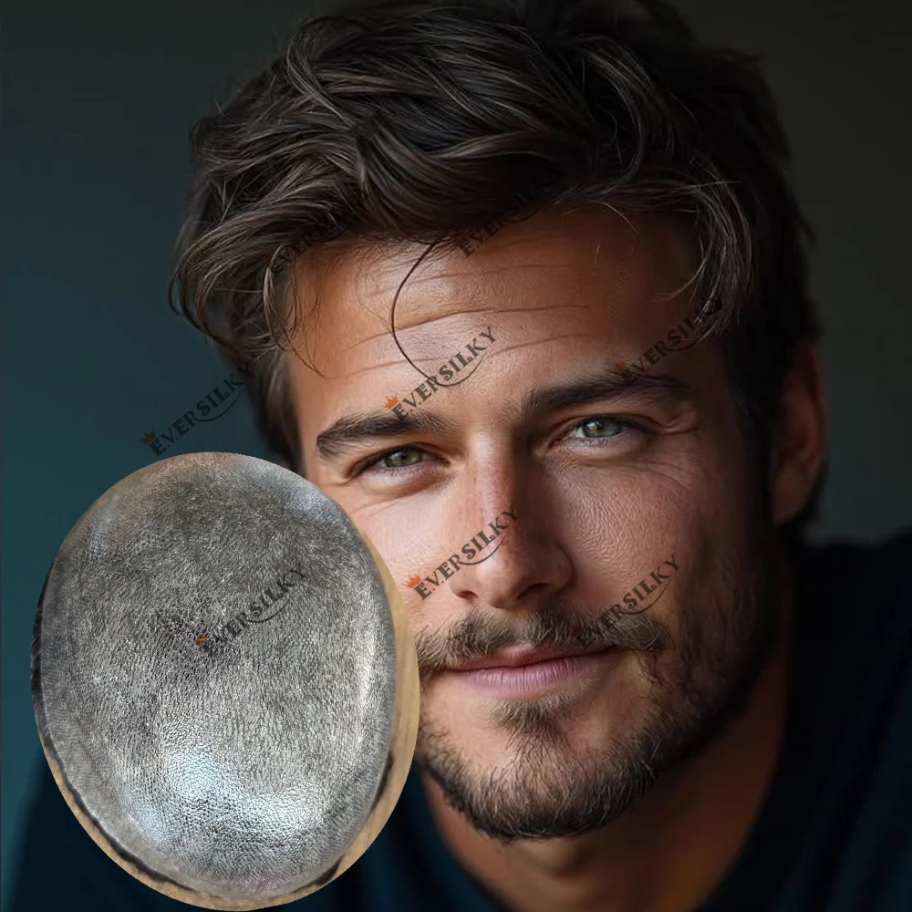 6inch Soft Brown Male Hair Toupee Durable Skin 0.1mm Injection PU Men's Capillary Prothesis 1b40 1b80 Black Grey 100% Human Hair
