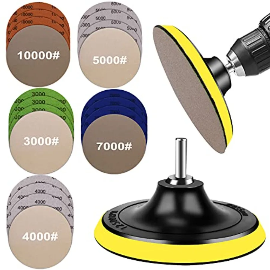 20PCS Water Grit Sandpaper 3000/4000/5000/7000/10000 and 5-inch Backing Pad Set, Wet Dry Electric Hook andLoop Sanding Disc wit