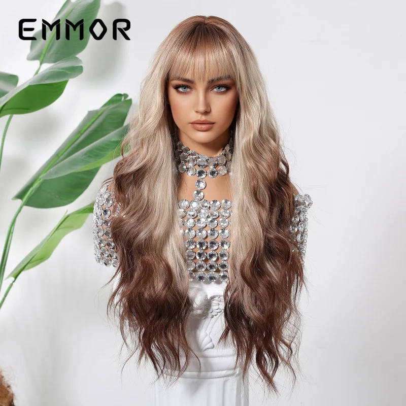 Parisian Ombre Fashion with Air Bangs, Long Curly Hair, Big Waves, Golden Gradient Full Wig for Women