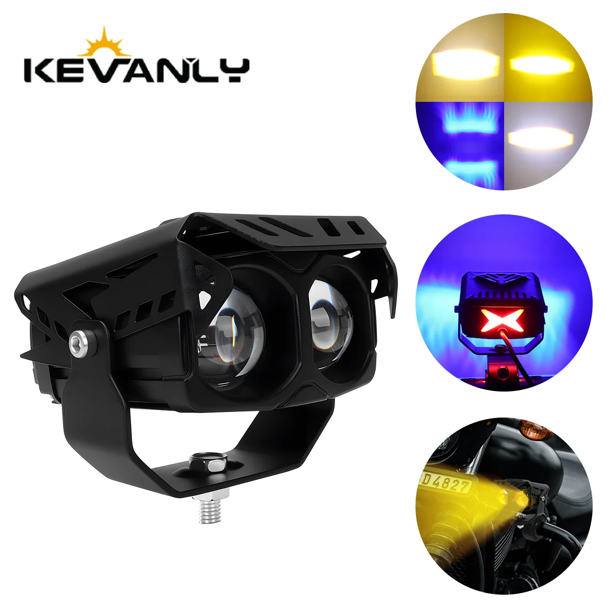 

1x Motorcycle LED 2 Lens Spotlight Dual Color Stobe Hi/Low Beam with Blue Angle Ring Light For ATV UTV SUV RV work light 12V