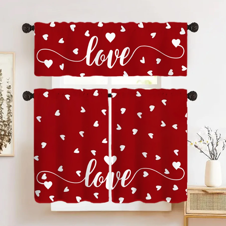 Red White Small Heart Love Letter Print Kitchen Curtain, Rod Pocket Tiers for Mothers Day Valentines Kitchen Decor