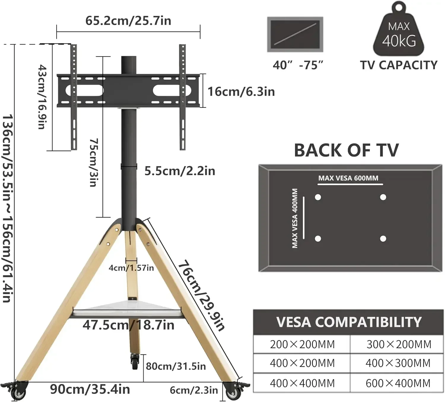 Corner tv Stand for 40 45 50 55 60 65 70 72 75 Inch LCD LED Flat Tripod Wood Floor TV Mount Stand with Wheels Max VESA600x400mm - view 5