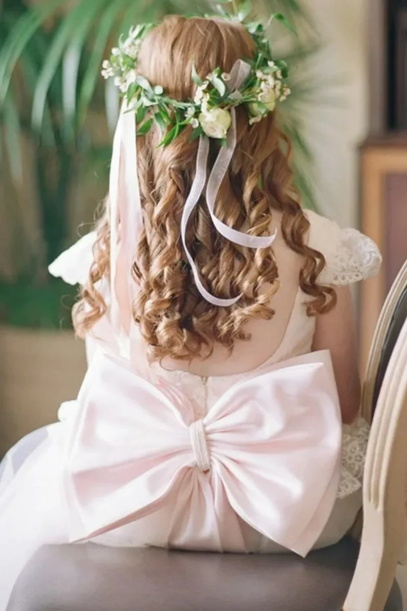 Vestido de niña de flores blancas, apliques de princesa, Mangas de casquillo con lazo rosa, aptos para fiesta de boda, cumpleaños, vestidos de primera comunión