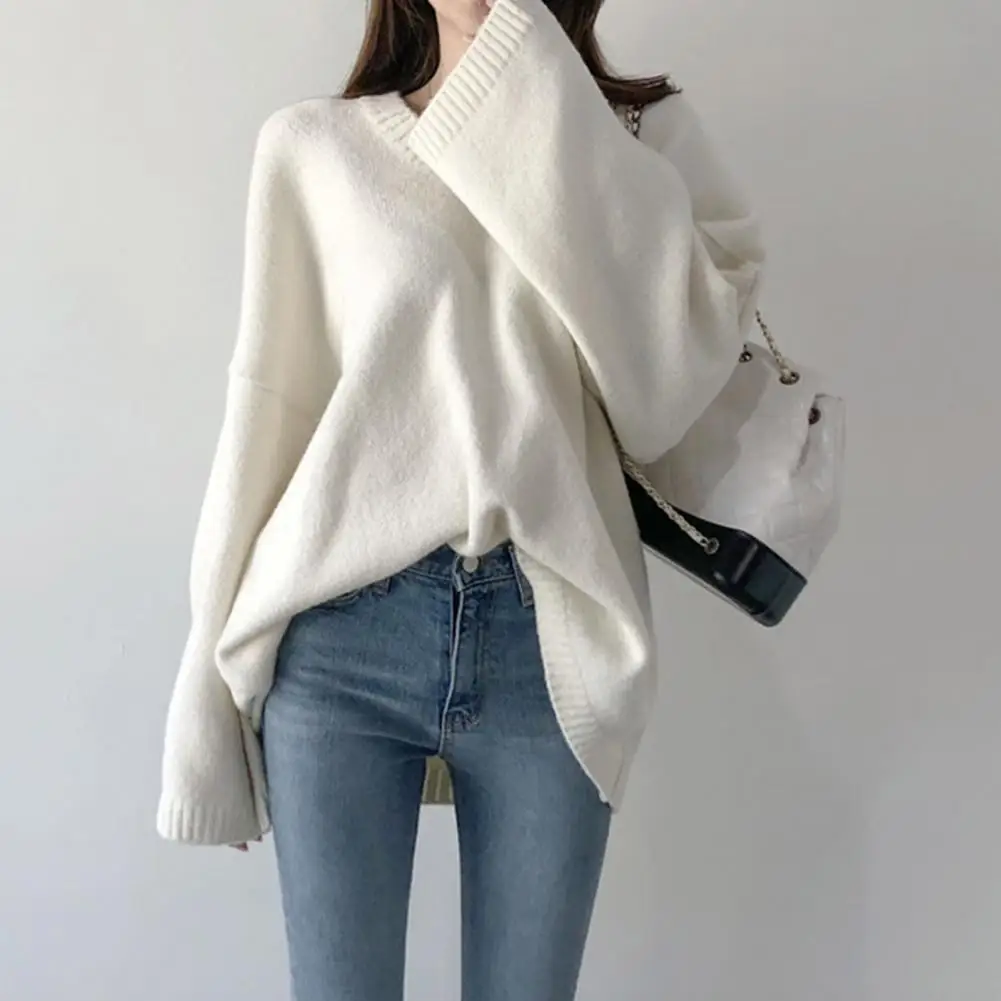 

Breathable Pullover Long-sleeve Sweater Cozy V Neck Knitted Women's Sweater for Fall Winter Loose Warm Pullover with Solid Color