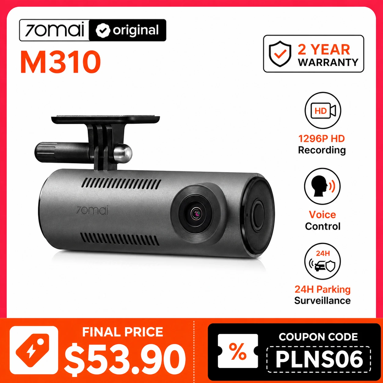 70mai Dashcam M310 1296P Auflösung, F2.0 Blendenöffnung Nachtsicht WDR, 24H Parküberwachung, Sprachsteuerung, Einfache Loop-Aufnahme, WLAN & App-Steuerung