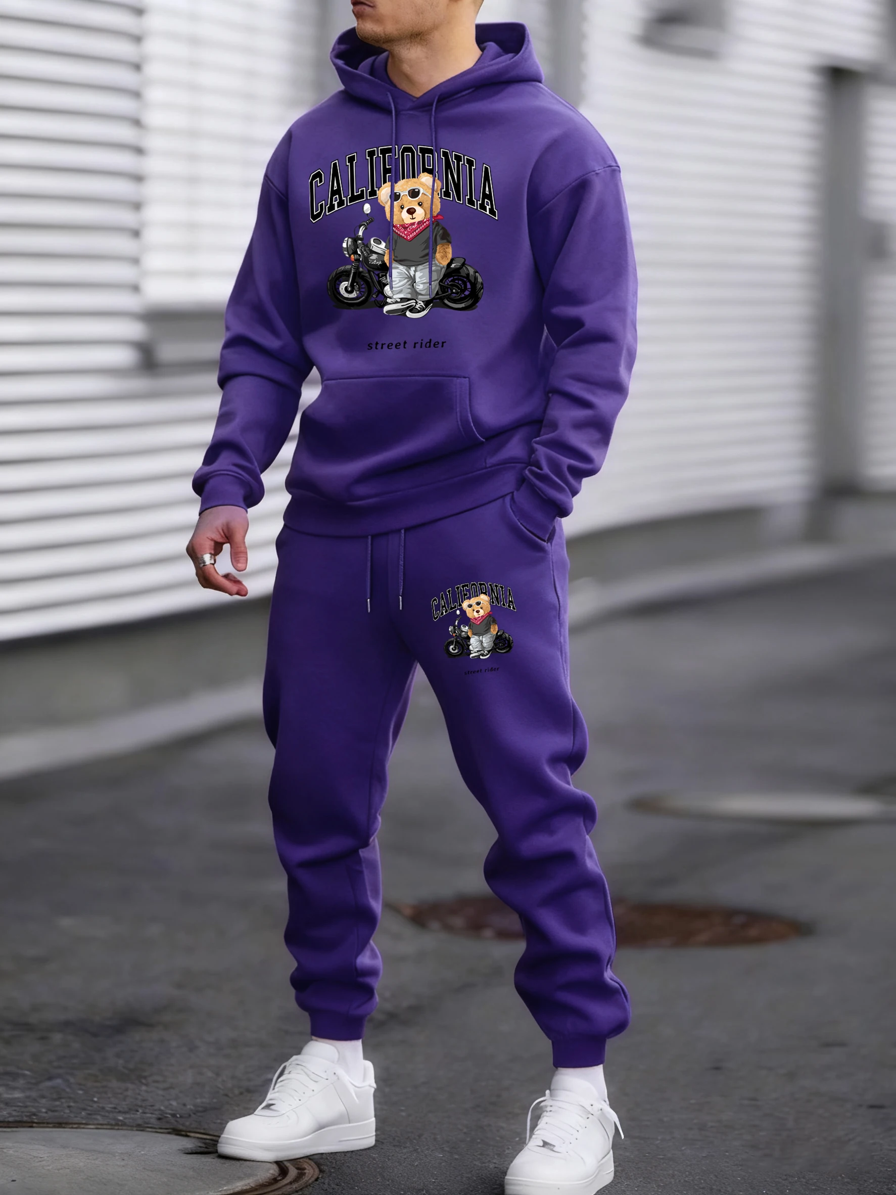 

California Motorcycle Riding Bear Printing Sport Set For Mans Casual Loose Clothes Warm Fashion Pants Unisex Fleece Hoodies