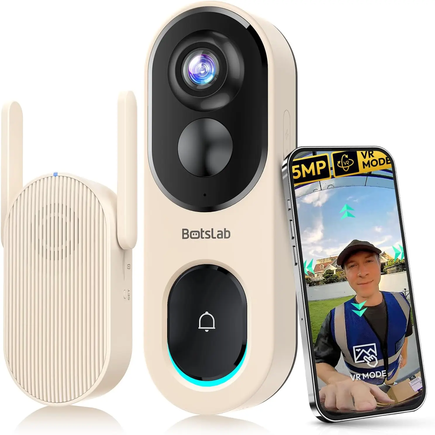 

Беспроводная камера для дверного звонка с разрешением 5 МП, 180° ° Просмотр без абонентской платы, обнаружение движения с помощью ИИ, питание от аккумулятора или от сети.