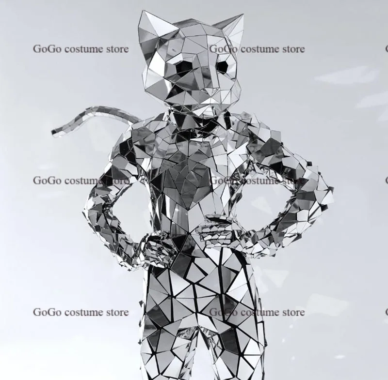 Silver Mirror Cat Head Mask Jumpsuit Cosplay Shiny Helmet Animal Head Rave Mask Stage Costume Props Music Festival Singer wear