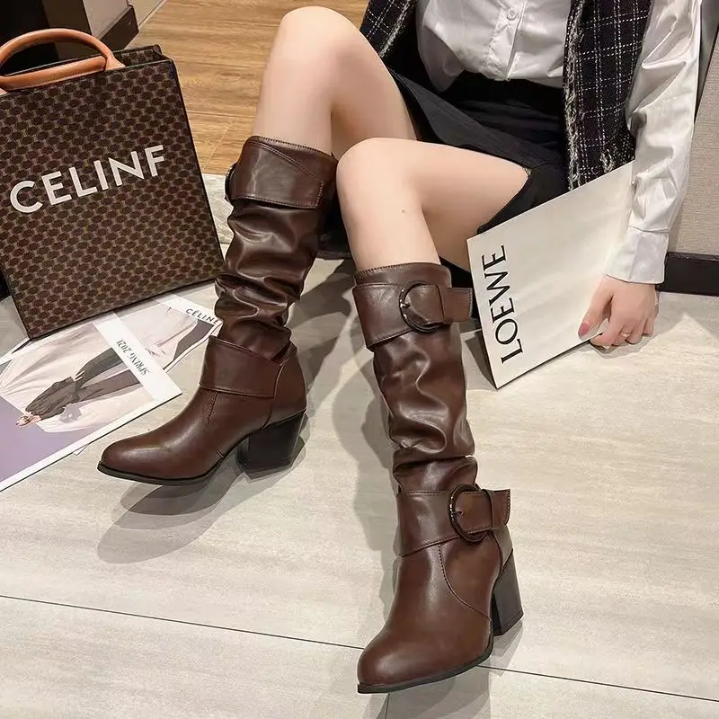 

2025 New Retro Boots Metal Buckle Square Knight Thigh Boot Women Autumn Winter Fashion Botas Mujer Boots Platform Ladies Shoes