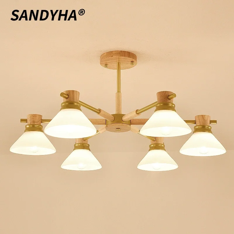 

SANDYHA Nordic Solid Wood Ceiling Chandelier Room Decorative Lamp Japanese Log Lamp Suitable for Living Room Bedroom Study Lamp