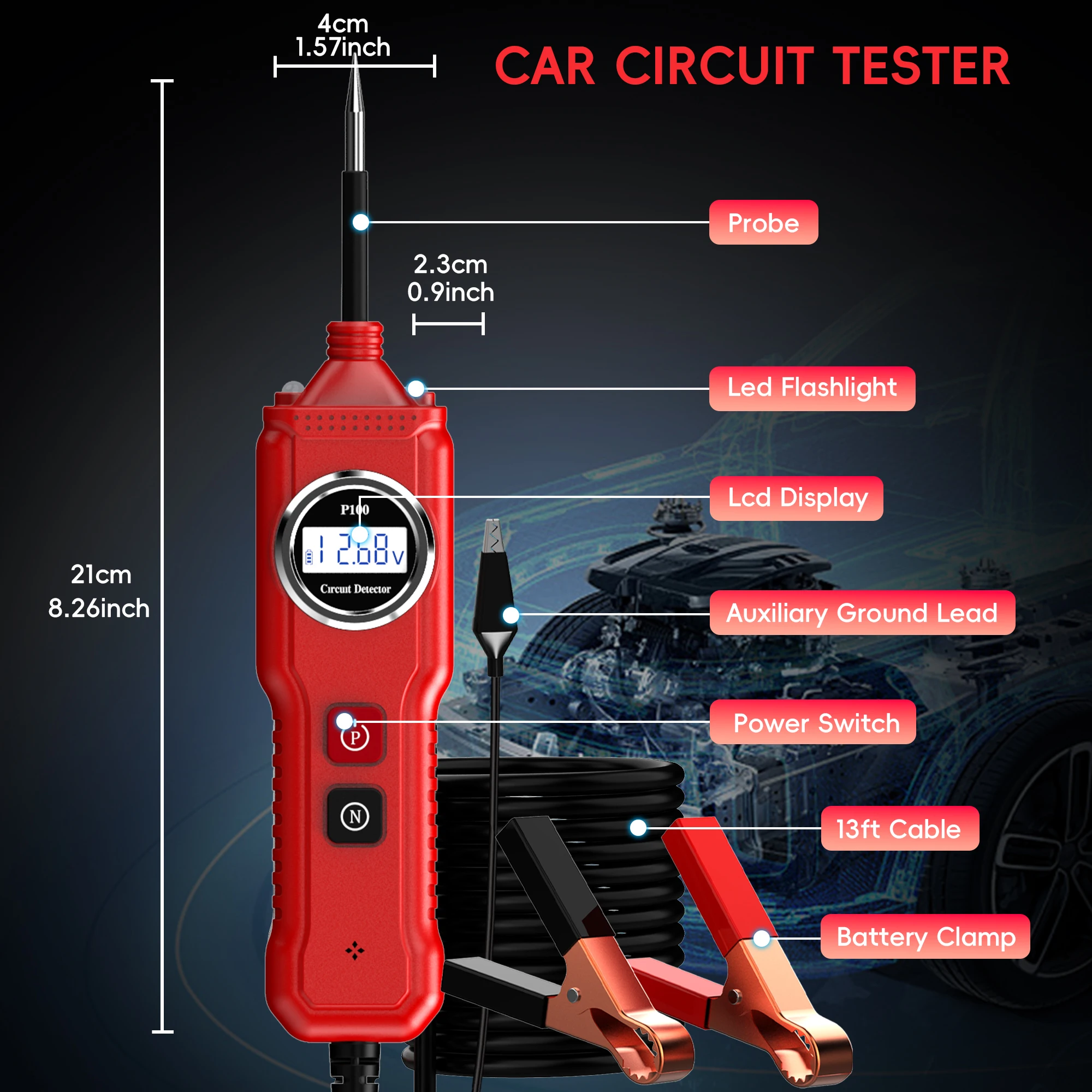 Power Circuit Probe Tester, 6-24V DC Automotive Test Light 12 Volt with 13 ft Leads Circuit Tester Breake Finder  Car SUV Truck