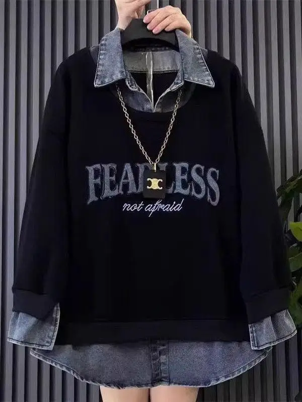 

plus Size Loose Fit Denim Patchwork Hoodie Women's Autumn Winter Casual Style Fake Two-Piece Top Comfortable Breathable Cotton