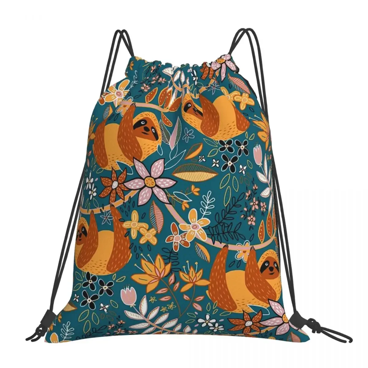 Happy Boho Sloth Floral Backpacks Casual Portable Drawstring Bags Drawstring Bundle Pocket Sports Bag Book Bag For Travel School