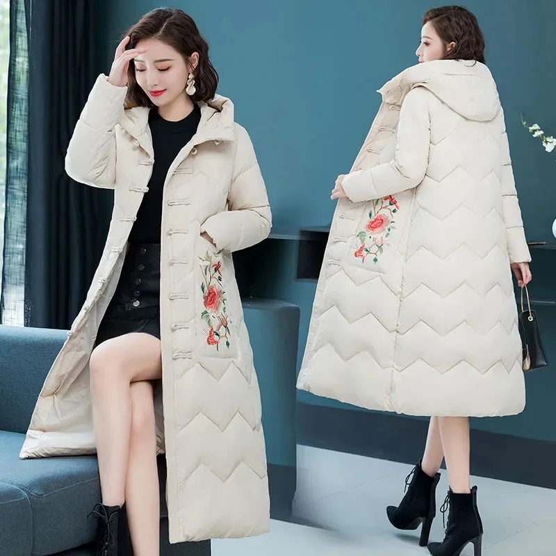 2024 New Fashionable Mother Down Cotton-Padded Jacket Women\'s Winter Coat With Hooded Thick Warm Thicken Long Parkas Embroidered