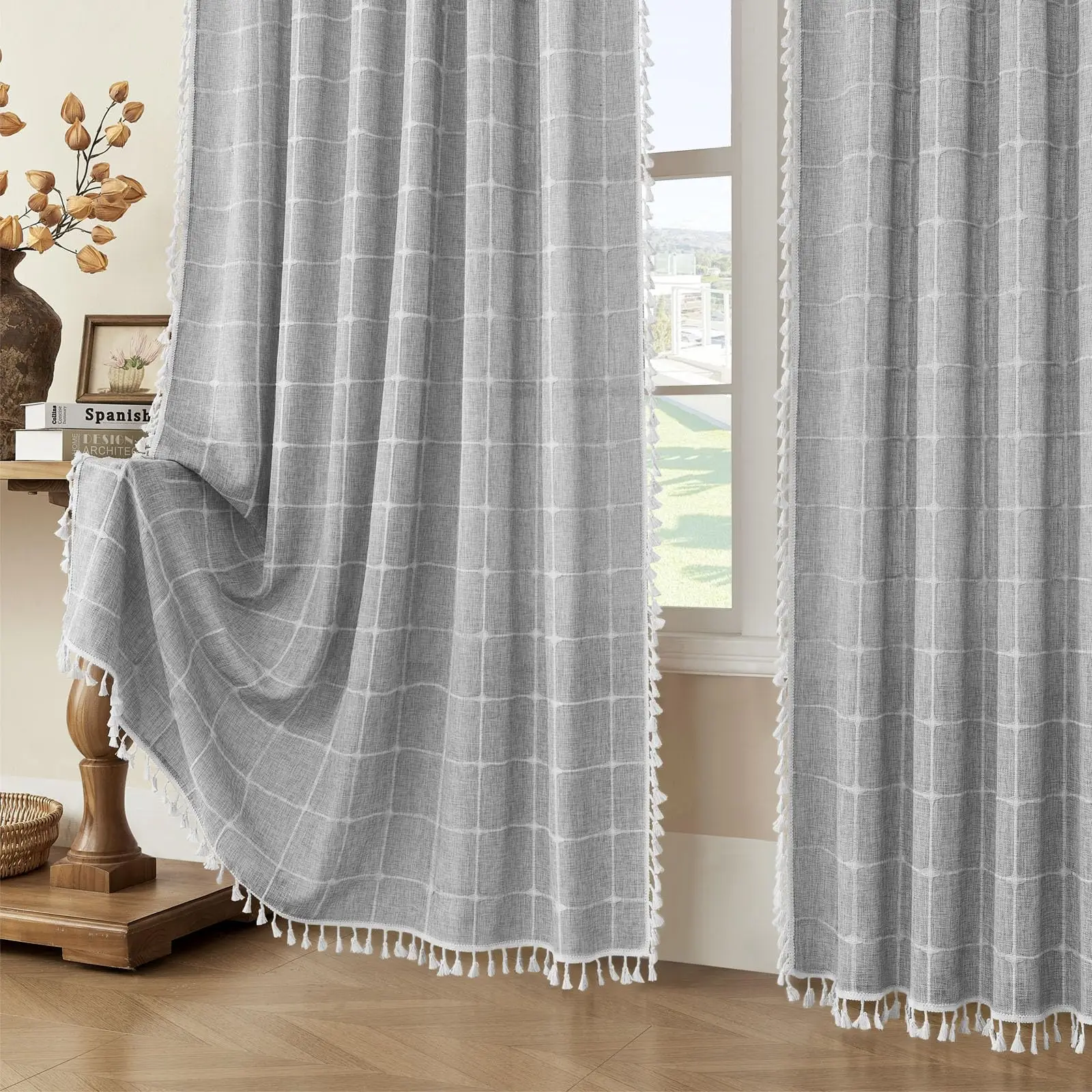 

Boho Cotton Linen Curtains for Living Room Bedroom, Plaids Lattice Embroidered Semi Blackout Farmhouse Window Treatment Drape