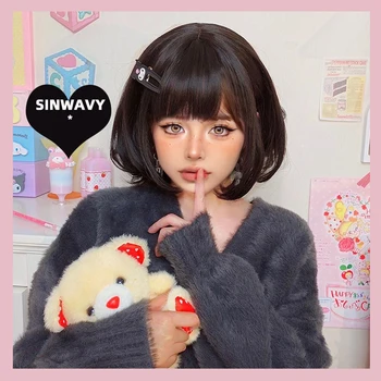 Peruca preta curta com Franja para mulheres, cabelo sintético, natural, resistente ao calor, Lolita Cosplay, festa, uso diário, natural