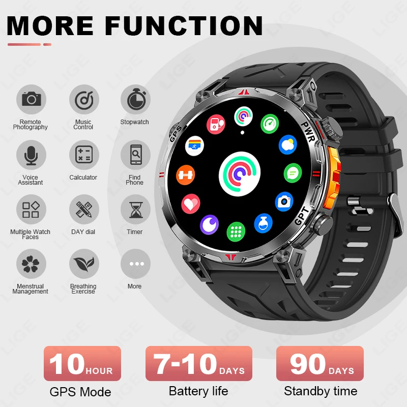 LIGE NEW GPS Smartwatch 1.39" HD Screen Compass Barometric Altimeter 530mAh Battery Voice Calling Smart Watch 3ATM Waterproof