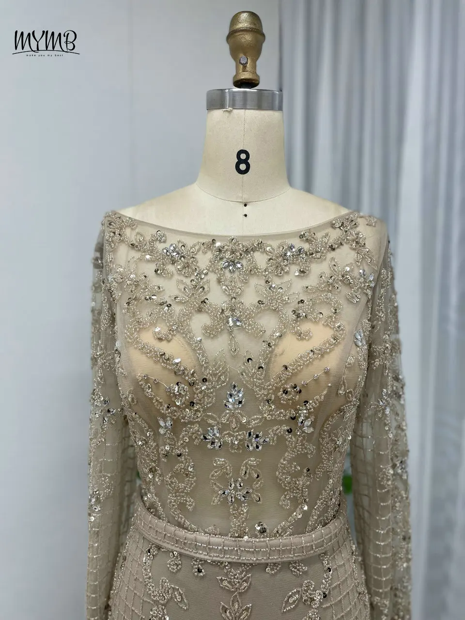 MYMB Dubai Caramel Scoop Neck Long Sleeves Evening Wedding Guest Dresses Elegant Mermaid Beaded Party Gowns vestidos de fiesta