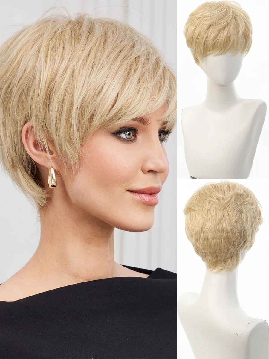 

4-дюймовый короткий прямой парик бежевого цвета для женщин, элегантный парик-боб с бежевыми прядями и челкой, из синтетического волокна, полностью машинной работы.