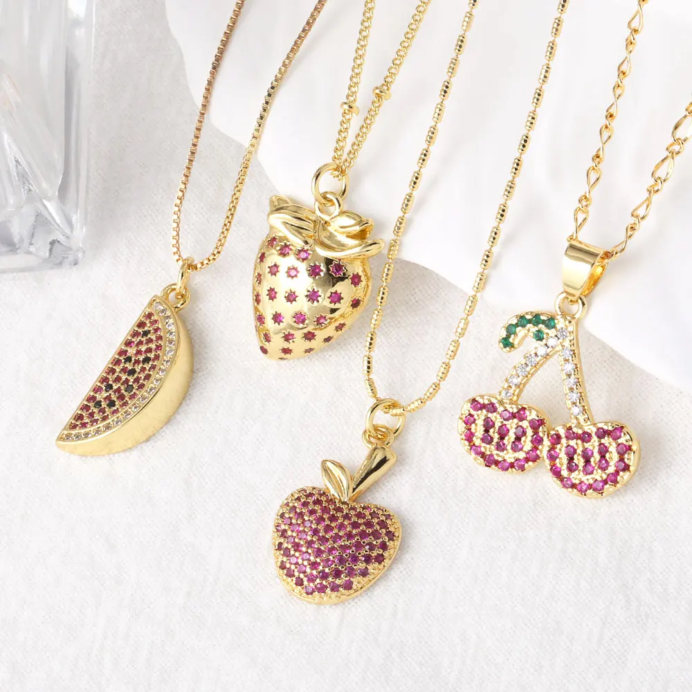 FLOLA Sweet Fuchsia Crystal Strawberry Watermelon Necklaces for Women Gold Plated Apple Cherry Necklaces Fruit Jewelry nkey98