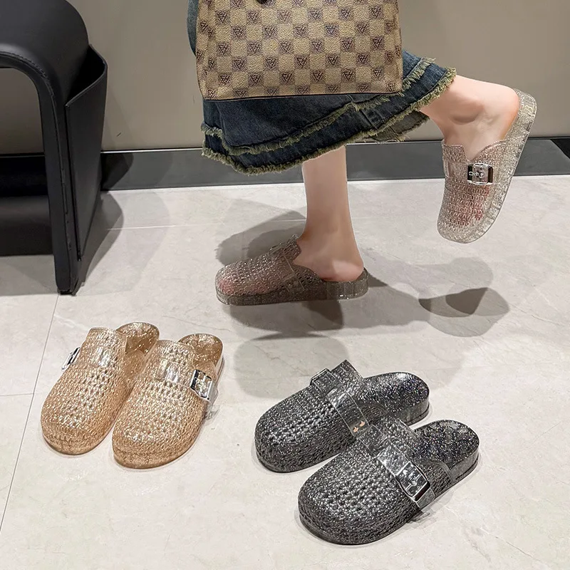 Women's Flat Transparent Baotoe Slippers Summer Hollow Out Slippers Adult Girls Non-slip Woven Half Slipper Female view 4