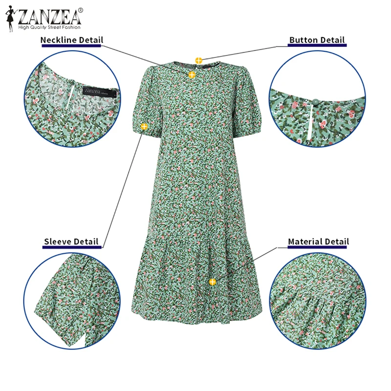 2026 ZANZEA Summer Floral Printed Dresses Women Elegant Casual Holiday Party Dress Stylish Short Sleeve Work Knee Length Robe