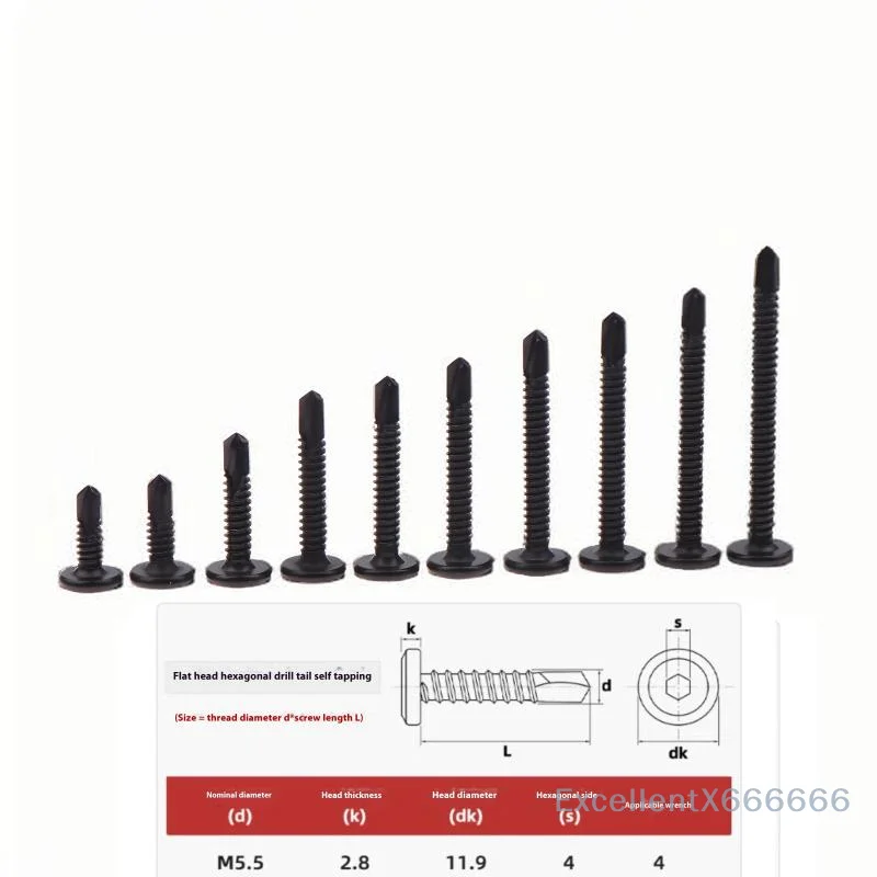 

Sheet Metal Self Tapping Screws, Hex Socket Cap, Flat Head, M5.5, Black Zinc, Self Drilling, 10 Pieces