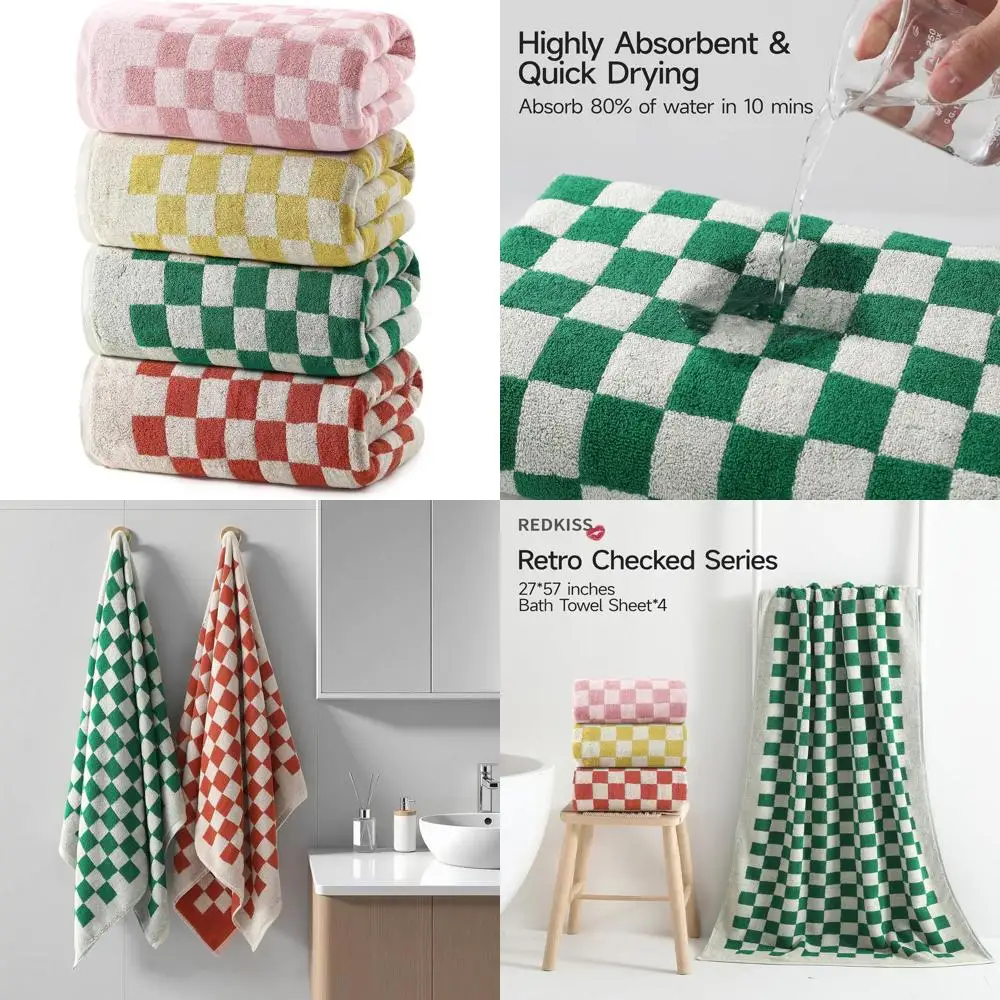 

4-Piece Multicolored Checkered Shower Towel Set, Large Cotton Bath Towels for Bathroom Decor, Highly Absorbent Retro Style