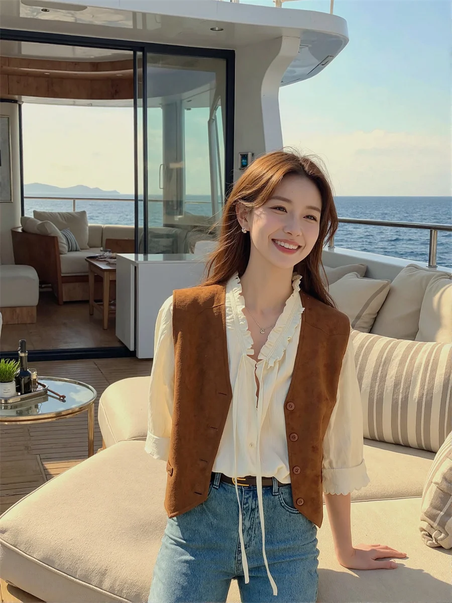 

Женские жилеты, жилеты, женские зимние корейские стильные коричневые с несколькими карманами, осенние толстые богемные модные без рукавов с вышивкой